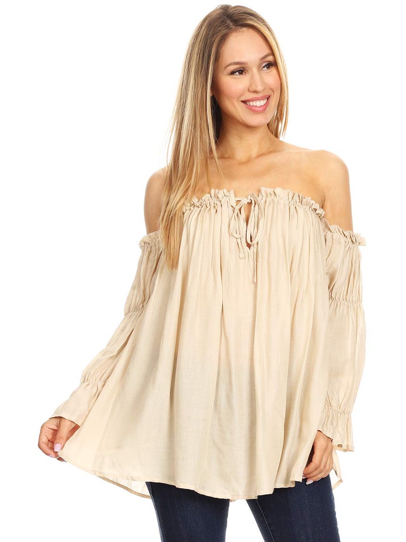 Anna-Kaci Womens Semi Sheer Boho Peasant Long Sleeve Off The Shoulder Top, Beige, X-Large - Image 1